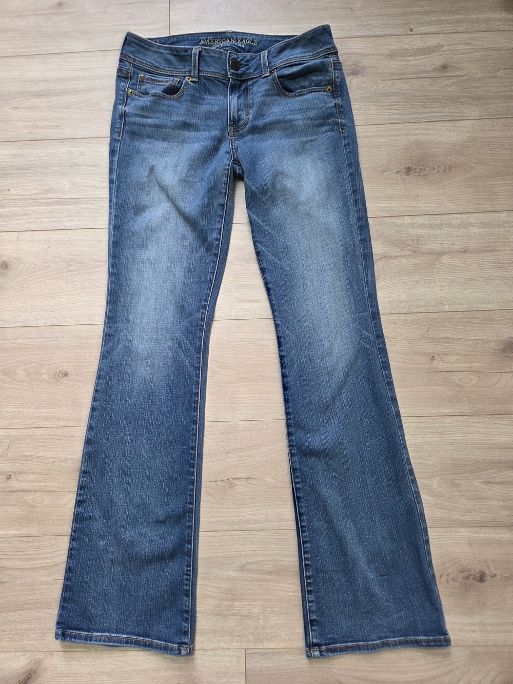American Eagle Kick Boot Jeans Women 8 LONG TALL Blue Stretch Low Rise Dark Wash